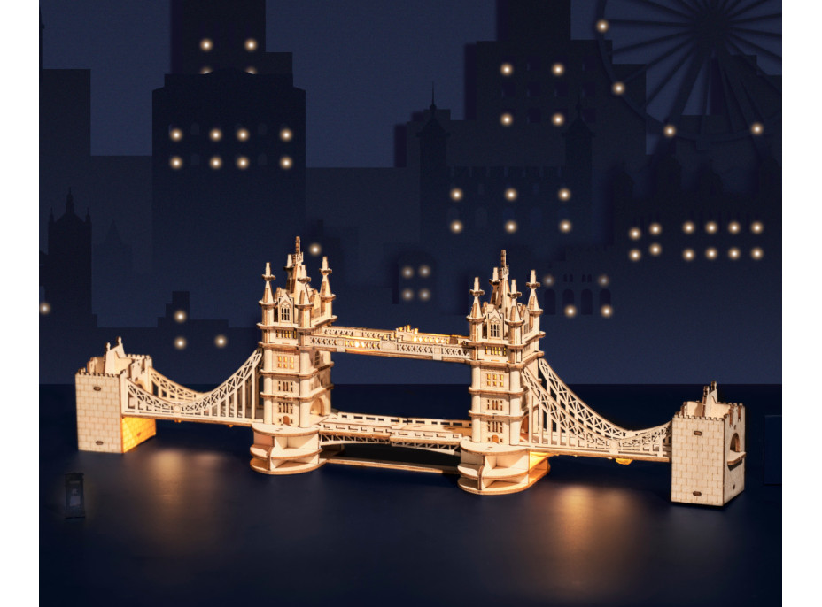 RoboTime drevené 3D puzzle most Tower Bridge svietiace