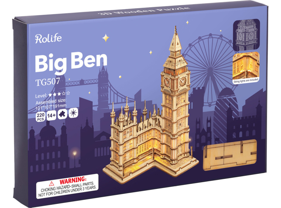 RoboTime drevené 3D puzzle hodinová veža Big Ben svietiaca