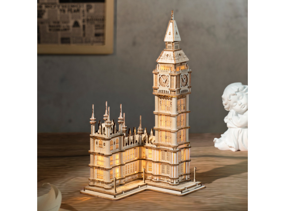 RoboTime drevené 3D puzzle hodinová veža Big Ben svietiaca