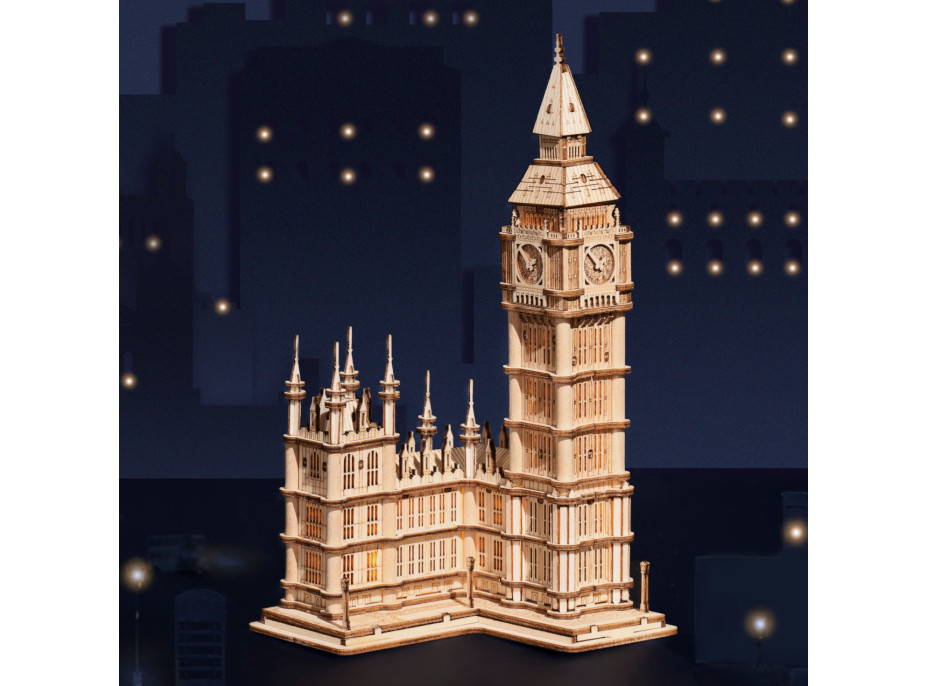 RoboTime drevené 3D puzzle hodinová veža Big Ben svietiaca