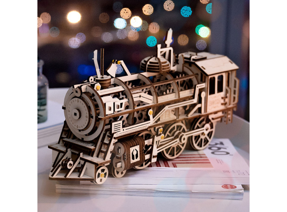 RoboTime 3D drevené mechanické puzzle Parná lokomotíva