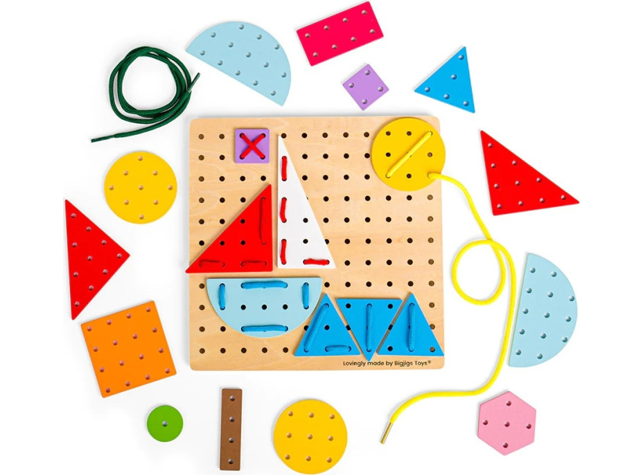 Bigjigs Toys Drevená šnurovacia hra Geometrické tvary