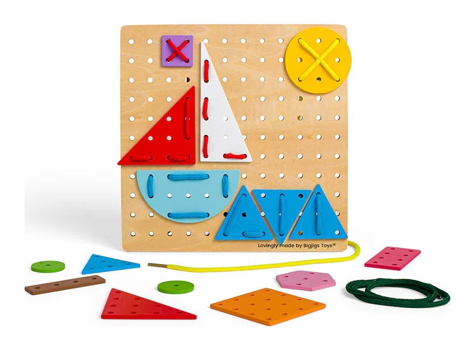 Bigjigs Toys Drevená šnurovacia hra Geometrické tvary