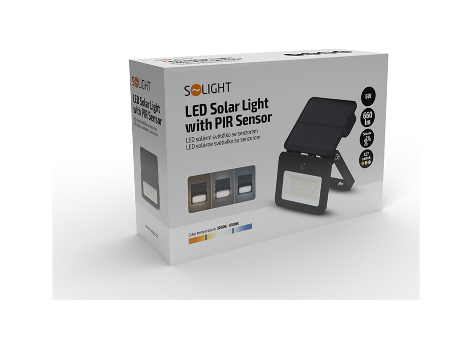 Solight LED solárne svetielko so senzorom, 6W, 660lm, 3CCT, Li-Ion, čierna