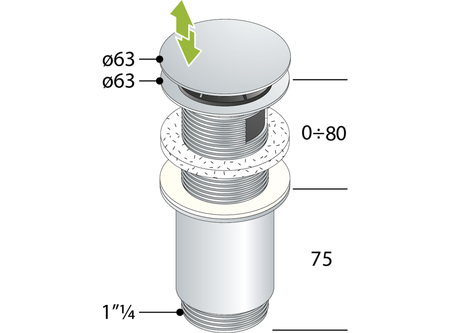 Omp Tea Umývadlová výpusť 5/4“, click-clack, veľká zátka, hr. max 80mm, čená mat 7533.370.5X