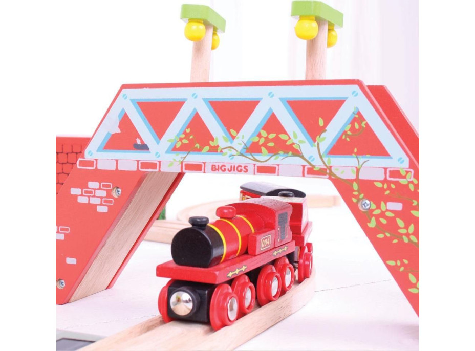 Bigjigs Rail Červená lokomotíva s tendrem + 3 koľaje