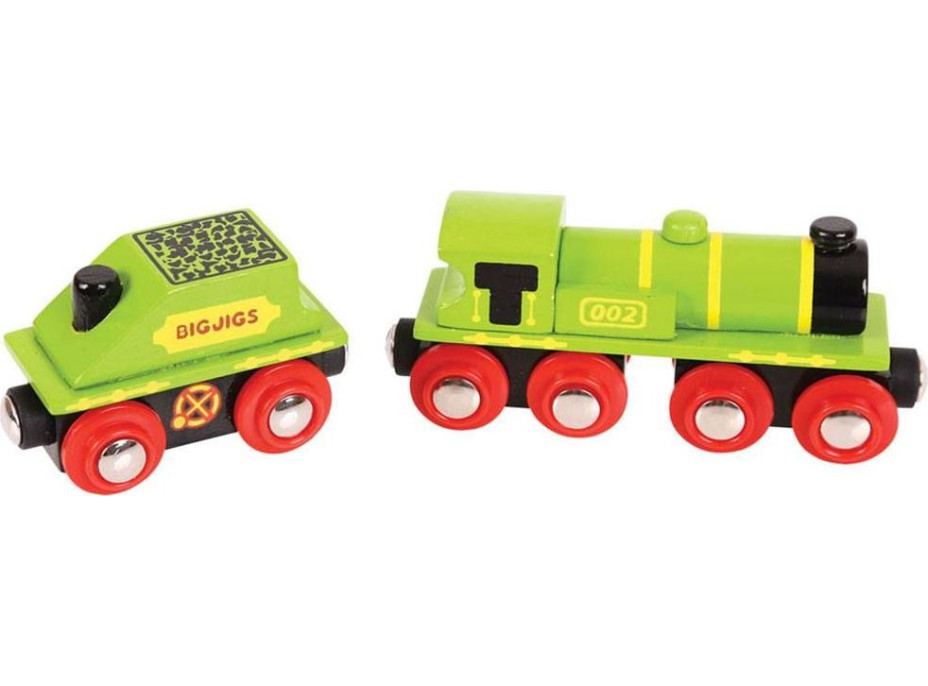 Bigjigs Rail Zelená lokomotíva s tendrem + 3 koľaje