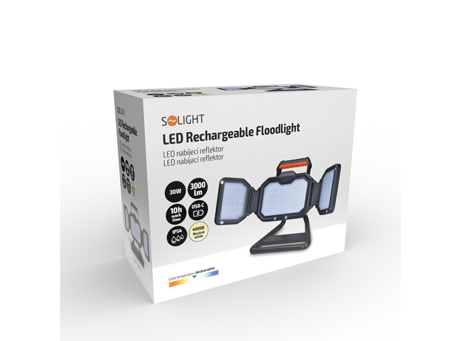 Solight LED reflektor 30W, prenosný, nabíjací, 3000lm, oranžovo-čierny