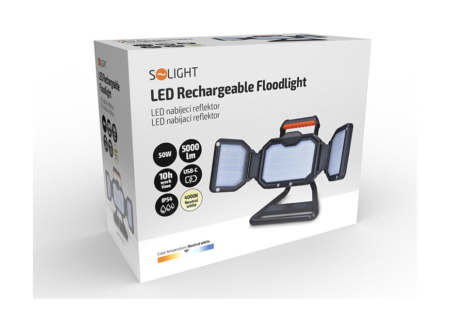 Solight LED reflektor 50W, prenosný, nabíjací, 5000lm, oranžovo-čierny