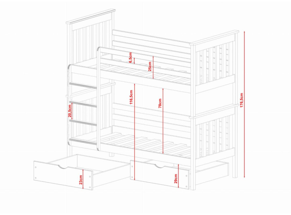 Detská poschodová posteľ z masívu borovice BORIS so šuplíkmi 190x90 cm - prírodná
