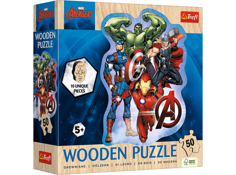 TREFL Drevené obrysové puzzle Avengers a ich dobrodružstvo 50 dielikov