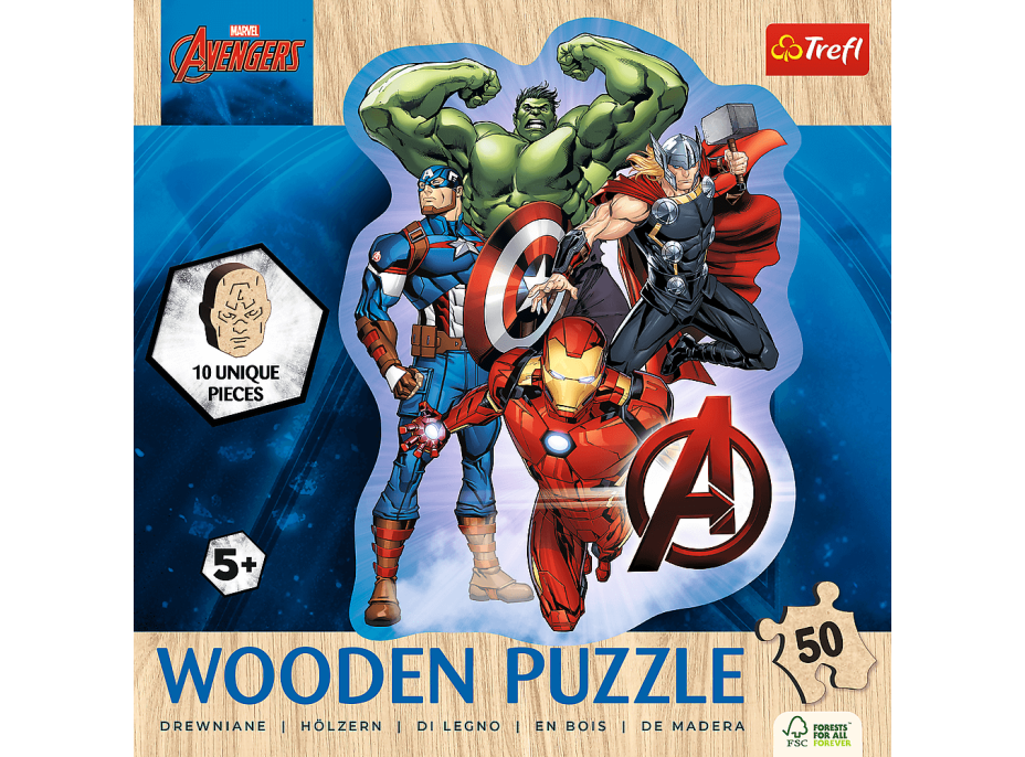 TREFL Drevené obrysové puzzle Avengers a ich dobrodružstvo 50 dielikov