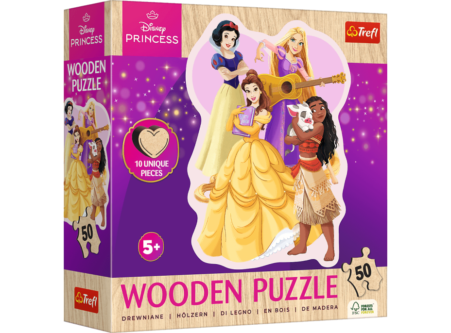 TREFL Drevené obrysové puzzle Disney: Krásne princezné 50 dielikov