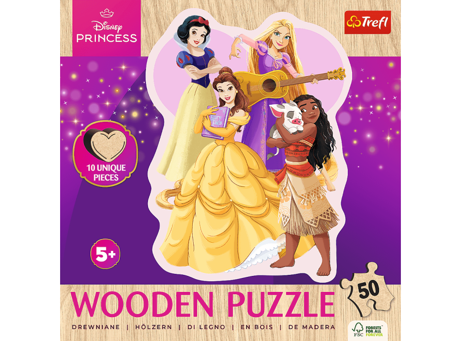 TREFL Drevené obrysové puzzle Disney: Krásne princezné 50 dielikov