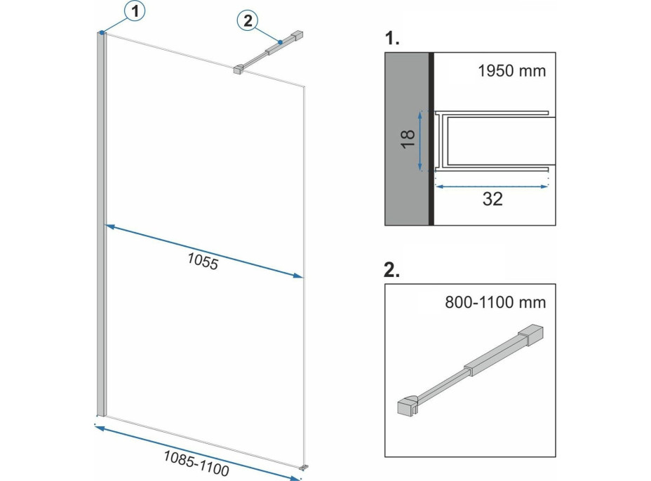 Kúpeľňová pevná zástena Rea AERO Ombre 110 cm - čierna - čierne sklo