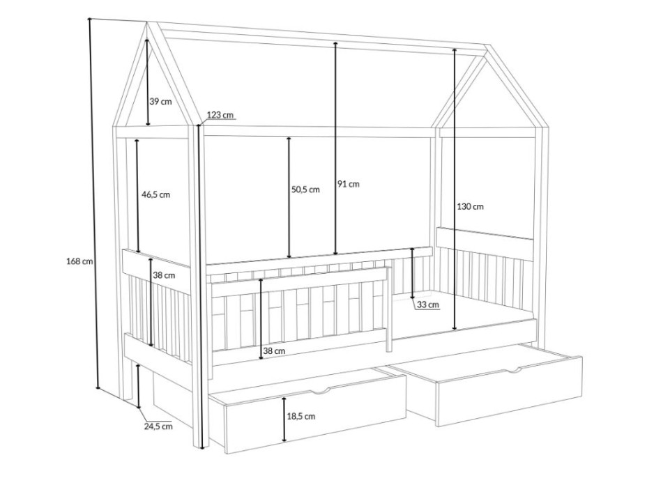 Detská domčeková posteľ z masívu borovice MAGDA so šuplíkmi - 200x90 cm - PRÍRODNÁ BOROVICA