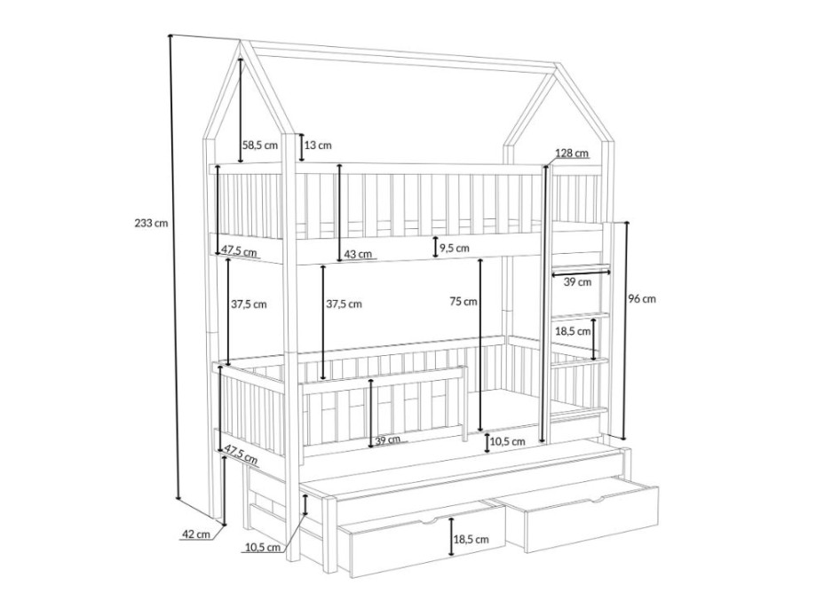 Detská domčeková poschodová posteľ z masívu borovice OTA s prístelkou a šuplíky - 200x90 cm - PRÍRODNÁ BOROVICA