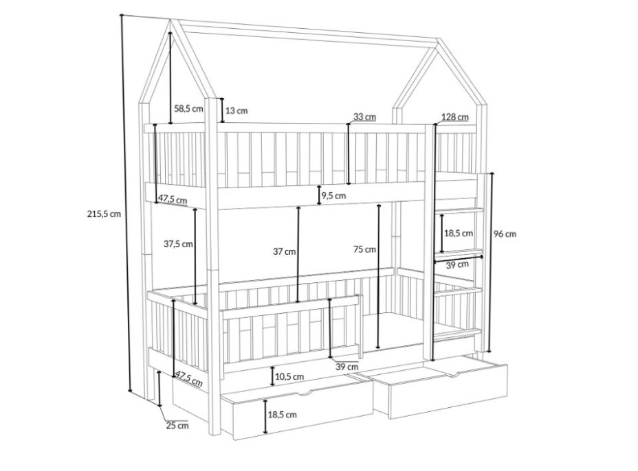 Detská poschodová domčeková posteľ z masívu borovice AURÉLIE so šuplíkmi - 200x90 cm - PRÍRODNÁ BOROVICA