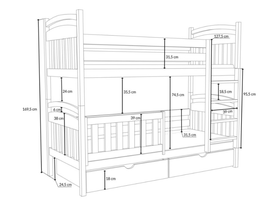Detská poschodová posteľ z masívu borovice ADAM so šuplíkmi - 200x90 cm - PRÍRODNÁ BOROVICA