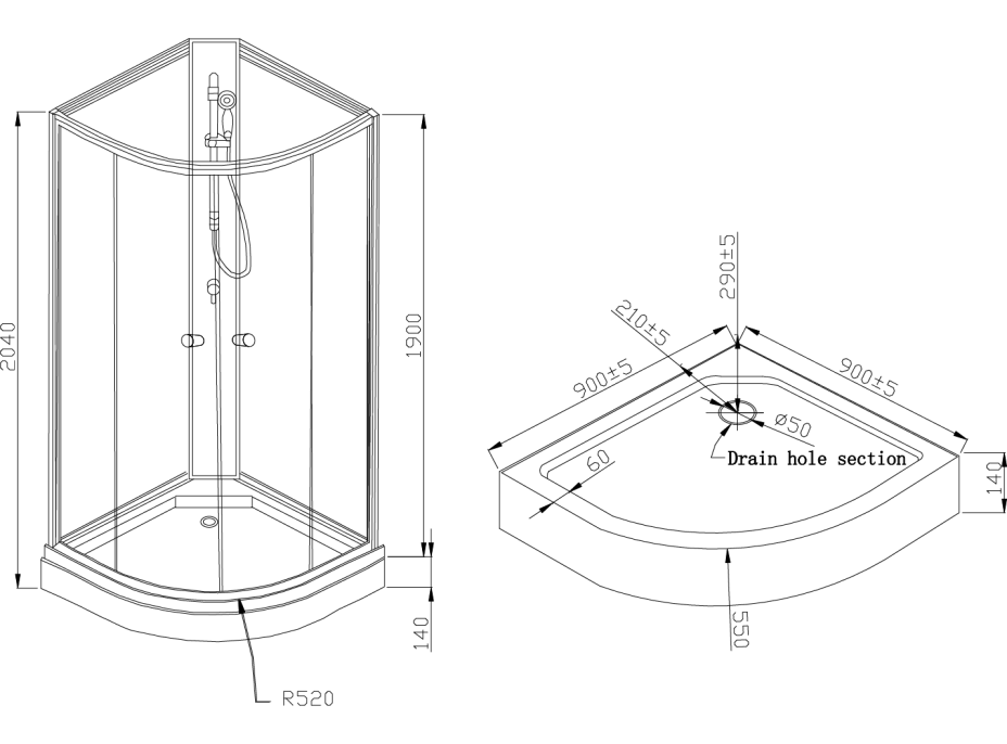 Aqualine AIGO štvrťkruhový sprchový box 900x900x2040 mm, biely profil, číre sklo YB93