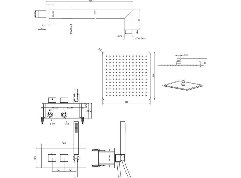 Sapho LATUS podomietkový sprchový set s termostatickou batériou, 2 výstupy, chróm 1102-45-01