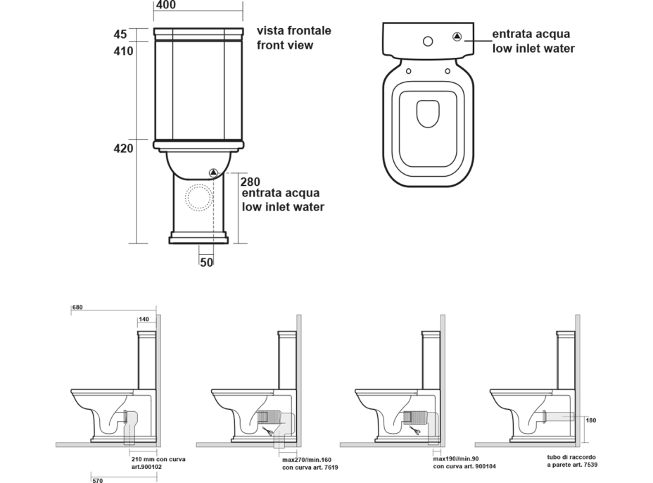 Kerasan WALDORF WC kombi, spodný/zadný odpad, biela-bronz WCSET18-WALDORF