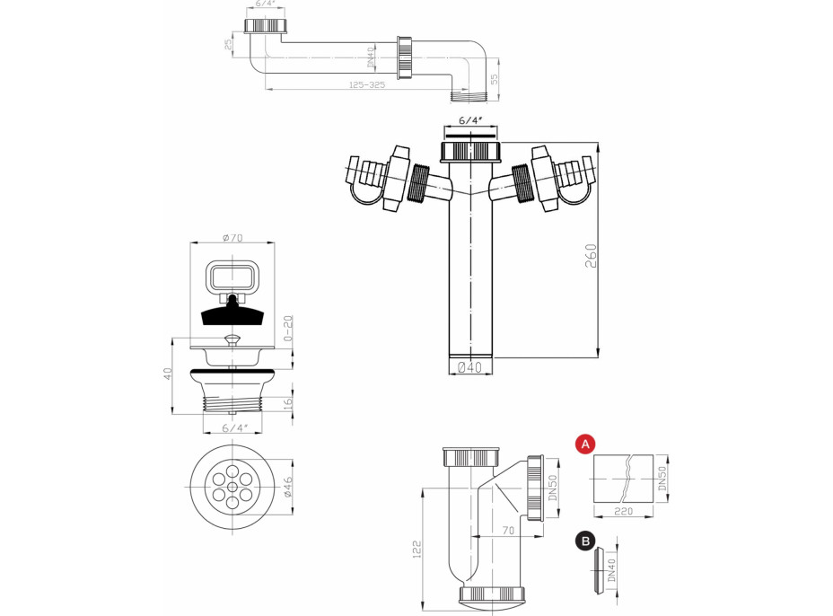 Bruckner Drezový sifón šetriaci miesto, 2x odbočka, nerez výpusť so zátkou, 6/4", DN40, biela 155.124.0