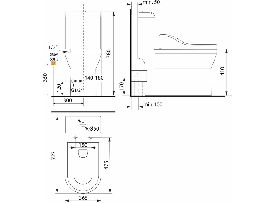 Sapho HUBERT WC kombi, zadný/spodný odpad s elektronickým bidetom USPA LUX UB-6635RU-2