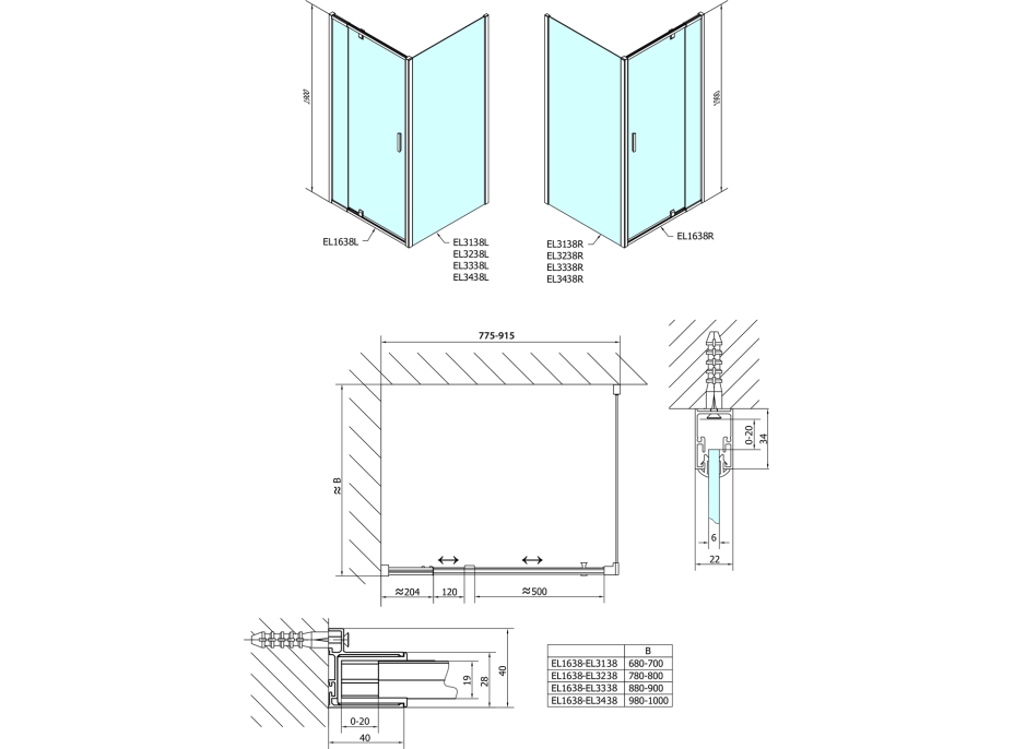 Polysan EASY obdĺžnikový sprchovací kút pivot dvere 800-900x1000mm L/P variant, brick sklo EL1638EL3438