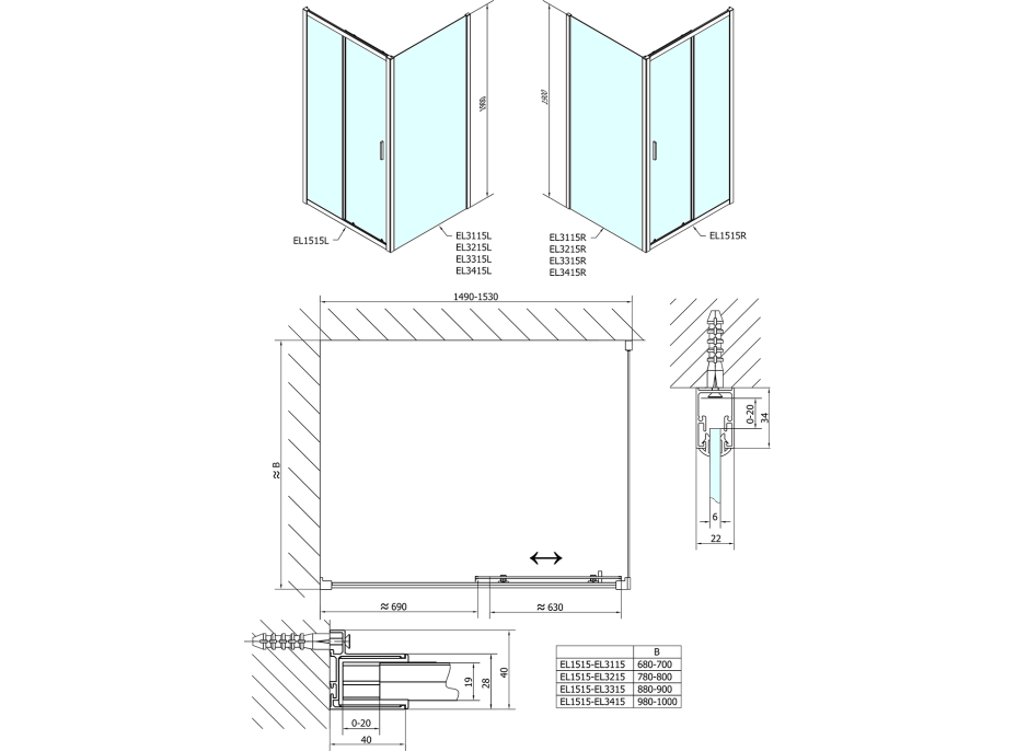 Polysan EASY obdĺžnikový sprchovací kút 1500x700mm, číre sklo L/P variant EL1515EL3115