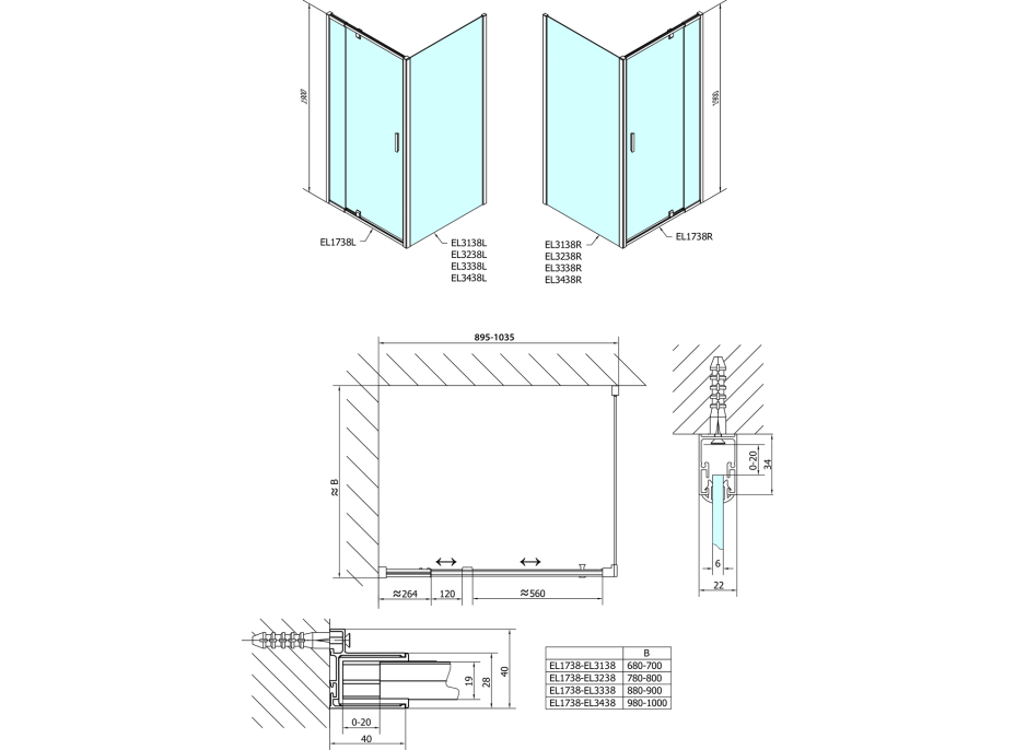 Polysan EASY obdĺžnikový sprchovací kút pivot dvere 900-1000x800mm L/P variant, brick sklo EL1738EL3238