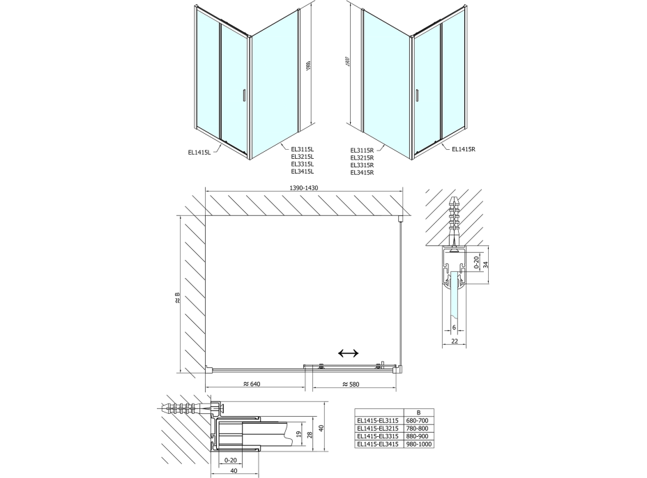 Polysan EASY obdĺžnikový sprchovací kút 1400x700mm, číre sklo L/P variant EL1415EL3115