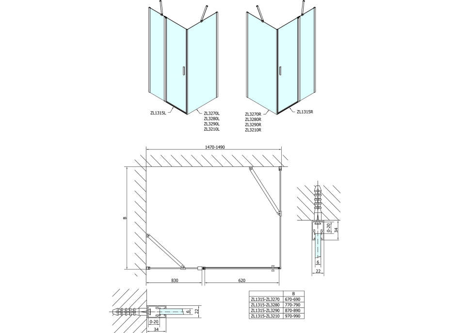 Polysan ZOOM obdĺžnikový sprchovací kút 1500x700mm L/P variant ZL1315ZL3270