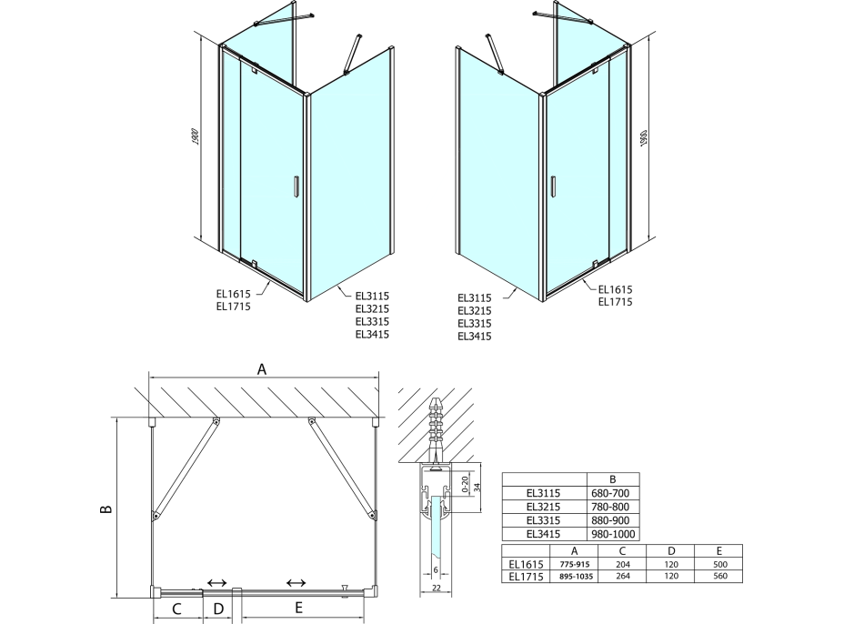 Polysan EASY trojstenný sprchovací kút 900-1000x700mm, pivot dvere, L/P variant, číre sklo EL1715EL3115EL3115