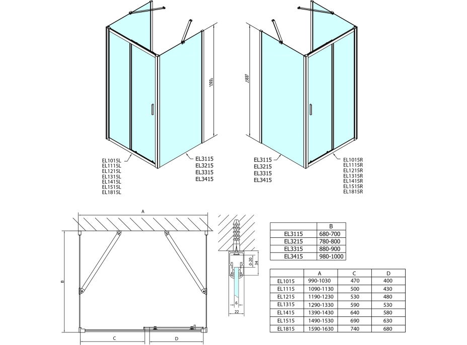 Polysan EASY trojstenný sprchovací kút 1500x900mm, L/P variant, číre sklo EL1515EL3315EL3315