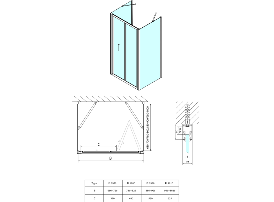 Polysan EASY trojstenný sprchovací kút 900x700mm, skladacie dvere, L/P variant, číre sklo EL1990EL3115EL3115