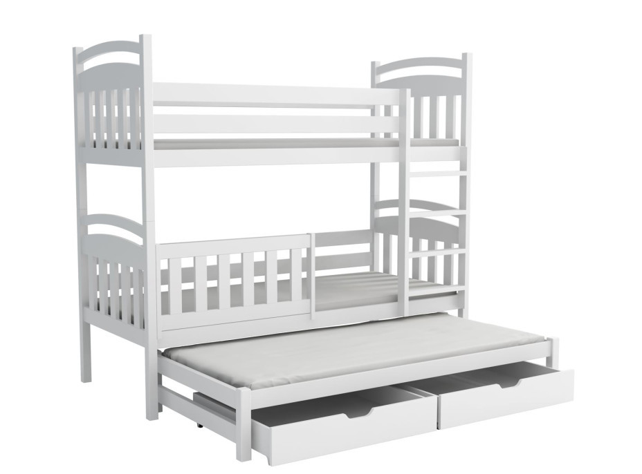Detská poschodová posteľ z masívu borovice ONDRA s prístelkou a šuplíky - 200x90 cm - BIELA