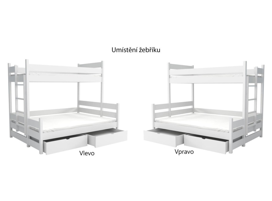 Detská poschodová posteľ z masívu borovice s rozšíreným spodným lôžkom BERTA so šuplíkmi - 200x90/140 cm - BIELA