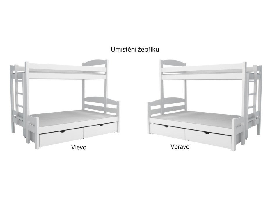 Detská poschodová posteľ z masívu borovice s rozšíreným spodným lôžkom SAVANA so šuplíkmi - 200x90/140 cm - BIELA