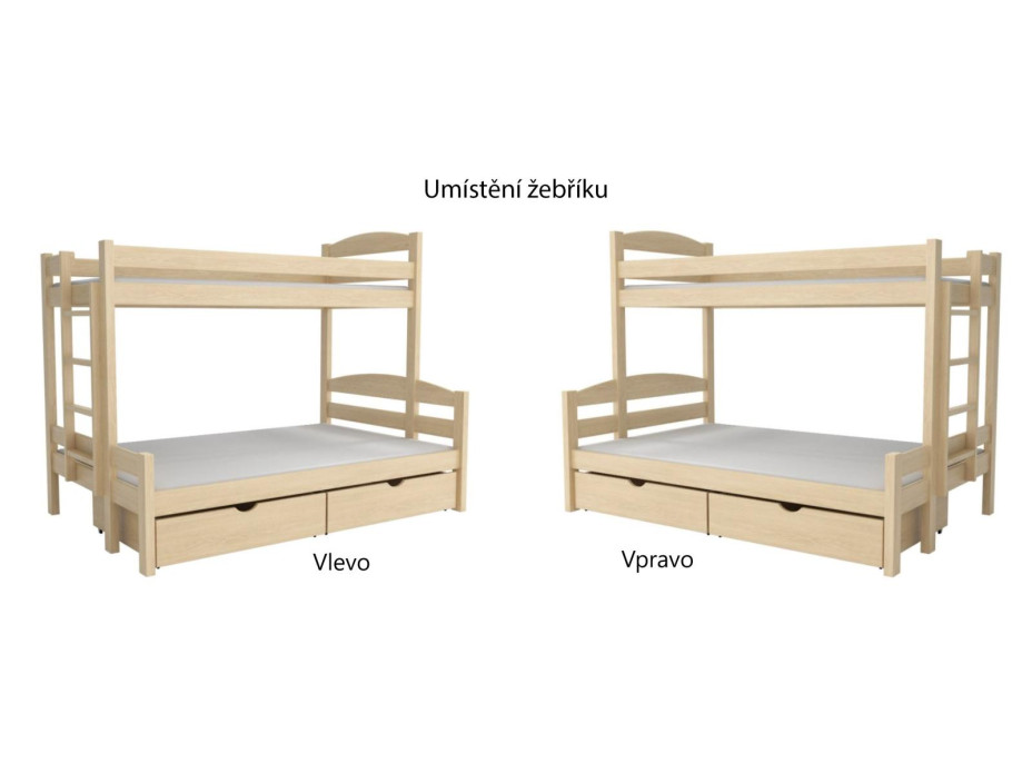 Detská poschodová posteľ z masívu borovice s rozšíreným spodným lôžkom SAVANA so šuplíkmi - 200x90/140 cm - PRÍRODNÁ BOROVICA