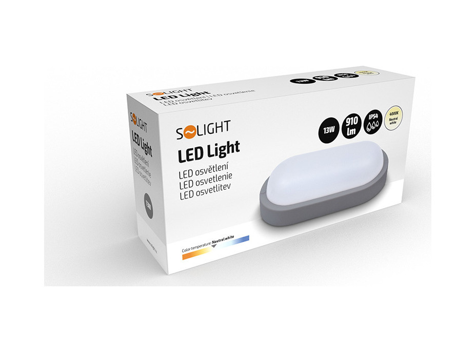 Solight LED vonkajšie osvetlenie oválne, 13W, 910lm, 4000K, IP54, 21cm, šedá farba