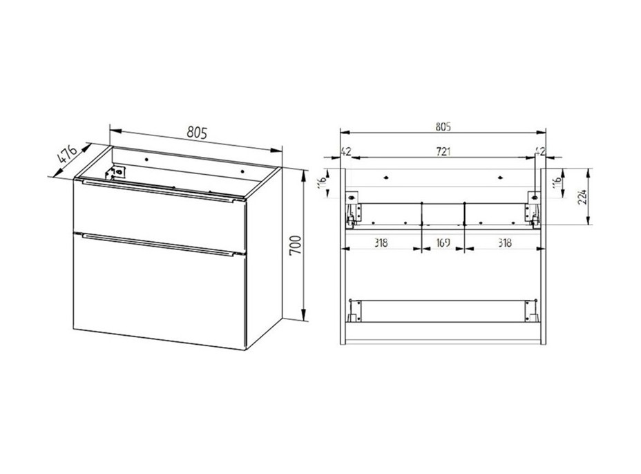 Koupelnová skříňka s keramickým umyvadlem MAILO 81 cm - 2 zásuvky - chrom madlo