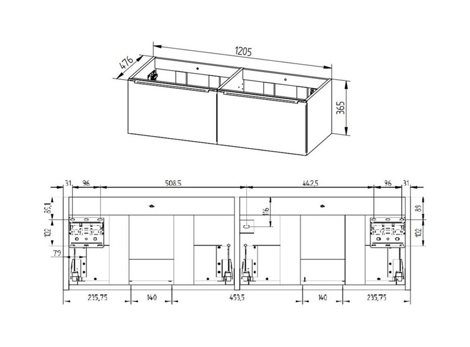 Koupelnová skříňka s keramickým dvojumyvadlem  MAILO 121 cm - 2 zásuvky - chrom madlo