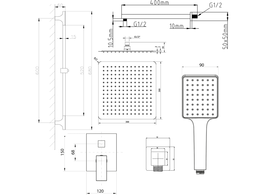 Sapho CUBEMIX podomietkový sprchový set s pákovou batériou, 2 výstupy, posuvný držiak sprchy, čierna mat CM042B-02