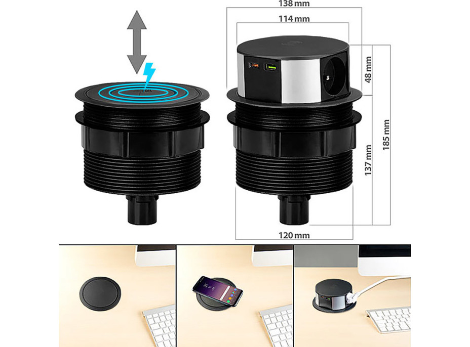 Solight 3z + USB A + C 20W PD, Wireless 10W, výsuvný blok zásuviek, 2m, čierny