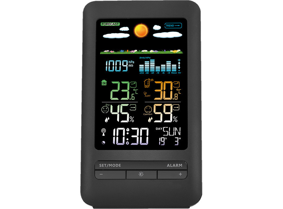 Solight meteostanica, farebný LCD, vnútorná/vonkajšia teplota a vlhkosť, tlak, RCC, čierna