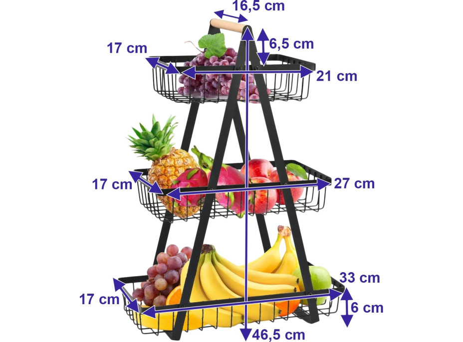 Kovový košík na ovocie PULOS - 3poschodový - čierny