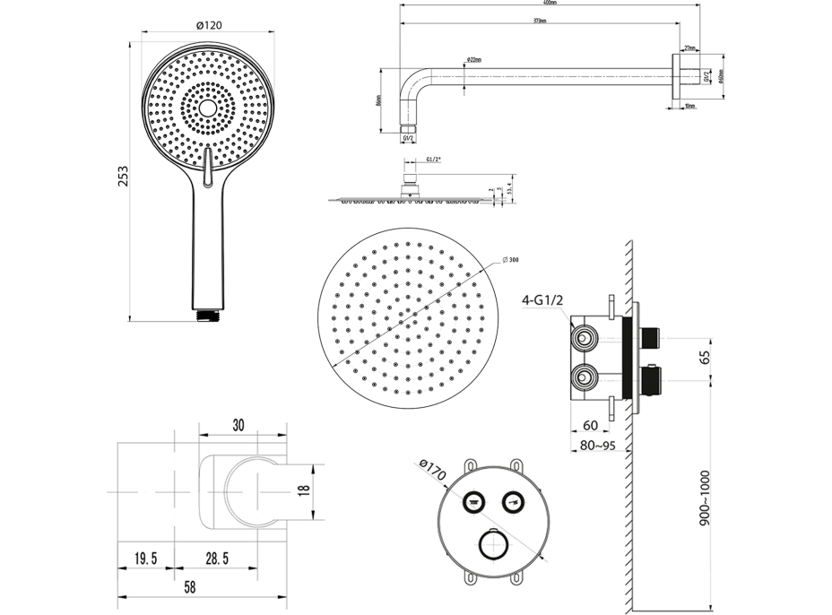 Sapho SMART SELECT podomietkový sprchový set s termostatickou batériou, 2 výstupy, vyústenie, čierna mat RP032B-01