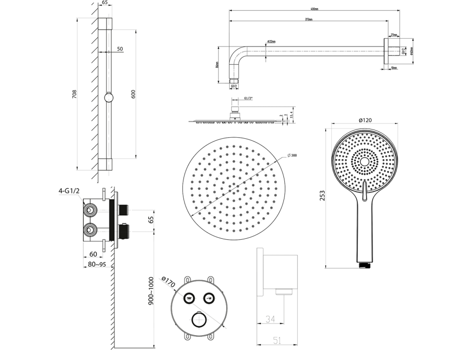 Sapho SMART SELECT podomietkový sprchový set s termostatickou batériou, 2 výstupy, posuvný držiak sprchy, zlato mat RP032GB-02