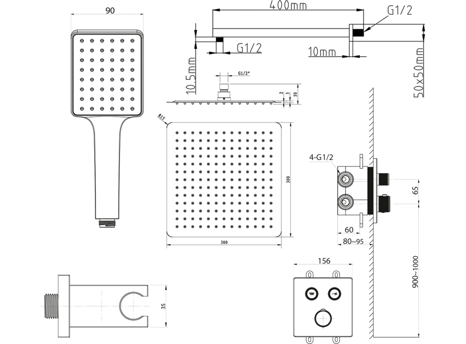 Sapho SMART SELECT podomietkový sprchový set s termostatickou batériou, 2 výstupy, vyústenie, čierna mat RP042B-01